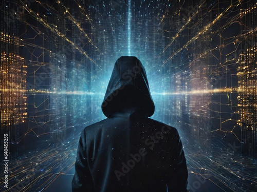 Anonymous hacker  surrounded by a network of glowing data. Cybersecurity  Cybercrime  Cyberattack. Technology Generative AI