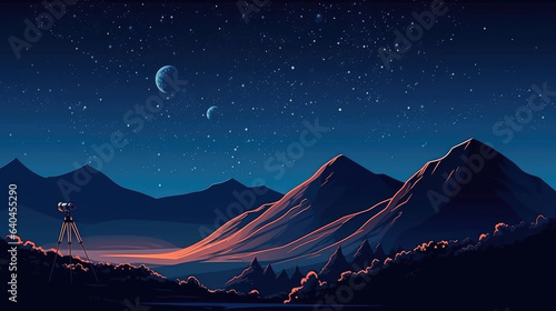 Telescope for science discovery, study astronomy, watching stars and planets in outer space. Vector cartoon landscape with telescope with tripod and backpack on hill, mountains and night starry sky.