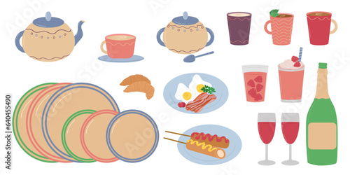 Set of tableware for decorating dining room. Plates and cups, drinks and food, cocktail and tea. Vector illustration.