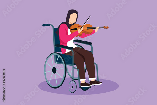 Character flat drawing disability and music. Beautiful Arab woman in wheelchair plays violin. Physically disabled. Person in hospital. Rehabilitation center patient. Cartoon design vector illustration