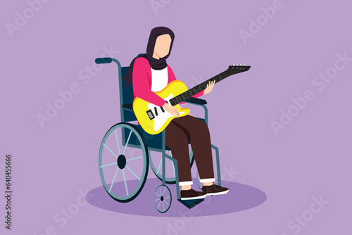 Cartoon flat style drawing young Arabian female sit wheelchair playing electric guitar in music event, sing song. Physically disabled. Person in hospital room ward. Graphic design vector illustration