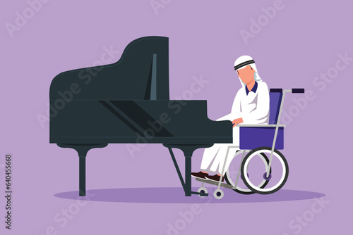 Character flat drawing disabled Arab man in wheelchair playing piano in concert. Disability and classical music. Physically disabled. Rehabilitation center patient. Cartoon design vector illustration