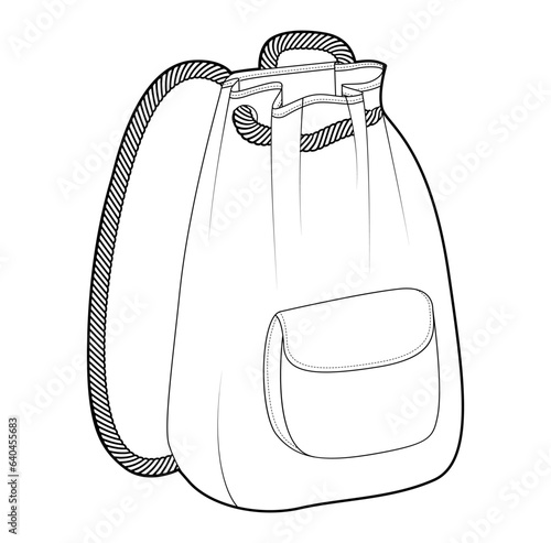 Bag Bucket silhouette with rope closure and handles. Drawstring with front pocket Fashion accessory technical illustration. Vector backpack for Men, women, unisex style, flat handbag CAD mockup sketch