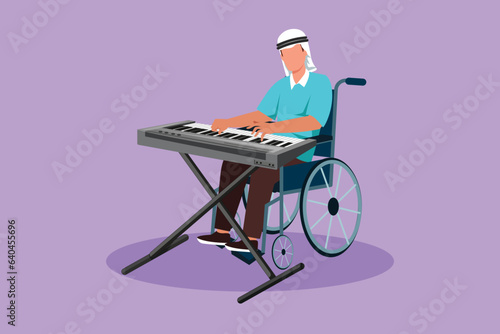 Graphic flat design drawing Arab male keyboardist sitting wheelchair playing electric keyboard in music event, sing song. Physically disabled. Rehabilitation center. Cartoon style vector illustration