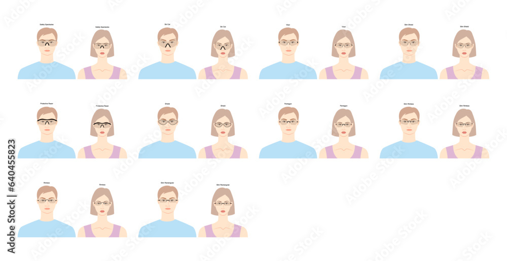 Set of Rimless frame glasses on women and men flat character fashion accessory illustration. Sunglass front view unisex silhouette style, rim spectacles eyeglasses, lens sketch style isolated on white Set of Rimless frame glasses on women and men flat character fashion accessory illustration. Sunglass front view unisex silhouette style, rim spectacles eyeglasses, lens sketch style isolated on white