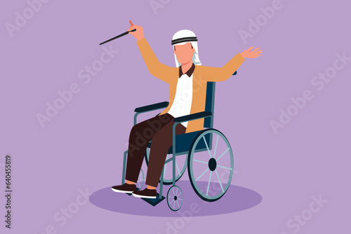 Cartoon flat style drawing young Arabian man conductor sitting in wheelchair leading orchestra in musical event. Disability and classical music. Physically disabled. Graphic design vector illustration