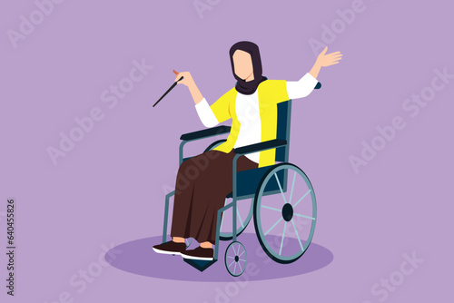 Cartoon flat style drawing young beautiful Arabian woman conductor sitting in wheelchair leading orchestra. Disability, classical music event. Physically disabled. Graphic design vector illustration