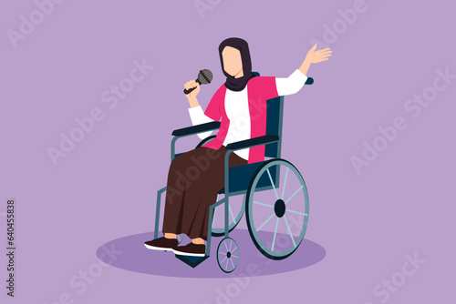 Cartoon flat style drawing disabled person enjoying life. Beautiful Arab woman sitting in wheelchair singing at karaoke hospital. Spend time in recreational place. Graphic design vector illustration