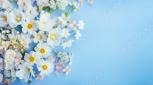 Bouquet of beautiful spring flowers on pastel blue table top view.  © Ziyan Yang