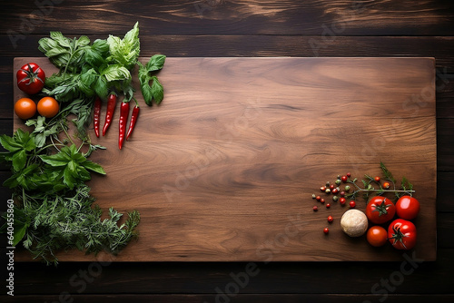 Top view of cutting board with vegetables on wooden table.
