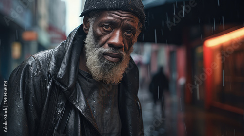 Black homeless garbage collector walking down the city street looking at the camera. © Bnetto