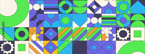 Geometric mosaic, Bauhaus pattern. Modern geometry figure, shape. Bauhaus. Geometric mosaic. Minimal mural texture. Scandinavian. Geometric mosaic print. 50s, 60s, retro wallpaper. Vector illustration