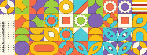 Abstract Geometric Pattern Artwork. Retro colors and color background. Grid with colored geometric shapes. Modern abstract promotional flyer, background, brochure, pattern.