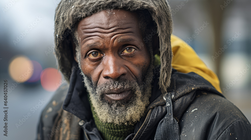 Black homeless garbage collector walking down the city street looking at the camera. Black homeless garbage collector walking down the city street looking at the camera.