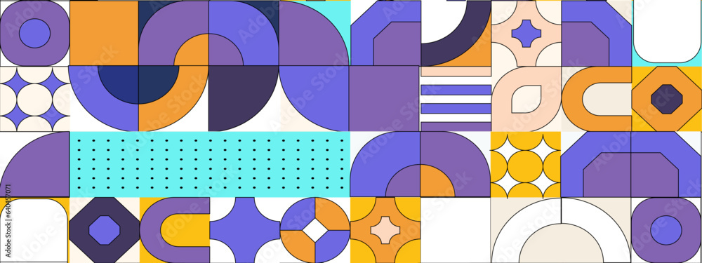 Obraz premium Geometric mosaic, Bauhaus pattern. Modern geometry figure, shape. Bauhaus. Geometric mosaic. Minimal mural texture. Scandinavian. Geometric mosaic print. 50s, 60s, retro wallpaper. Vector illustration