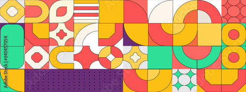 Abstract Geometric Pattern Artwork. Retro colors and color background. Grid with colored geometric shapes. Modern abstract promotional flyer, background, brochure, pattern.
