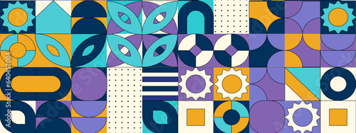 Geometric mosaic, Bauhaus pattern. Modern geometry figure, shape. Bauhaus. Geometric mosaic. Minimal mural texture. Scandinavian. Geometric mosaic print. 50s, 60s, retro wallpaper. Vector illustration