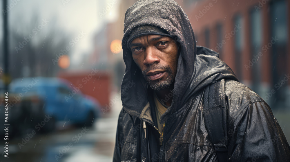 Black homeless garbage collector walking down the city street looking at the camera. Black homeless garbage collector walking down the city street looking at the camera.