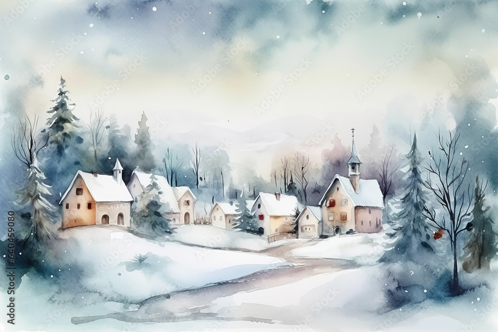 Winter houses in a countryside, watercolor technique. Generative AI