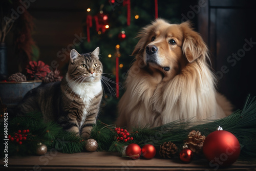 Cat and dog in Christmas decorated interior. Generative AI