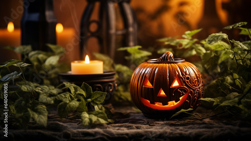 Candlelit Pumpkin with Green Plant and Smoky Background
