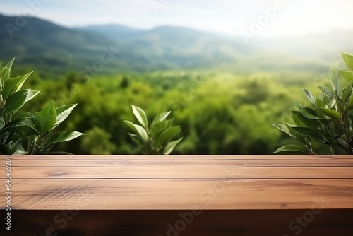 Empty wooden table or wooden desk with tea plantation generative ai