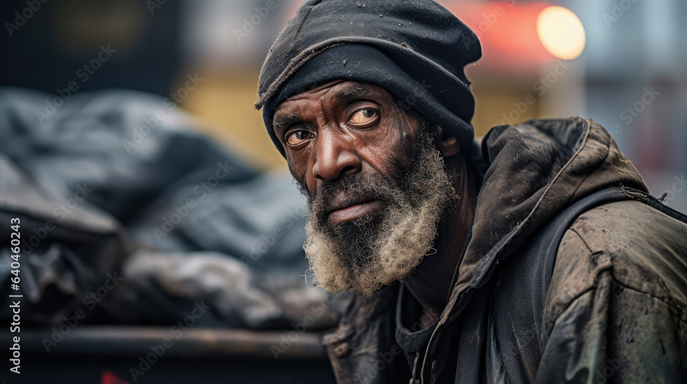 Obraz premium Black homeless garbage collector walking down the city street looking at the camera.