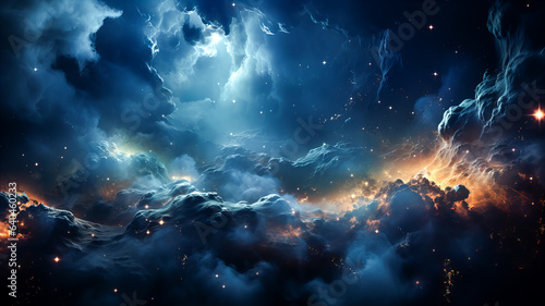 Space scene with stars  planets and asteroids in the galaxy. Panorama. Universe filled with stars  planets  asteroids  nebula and galaxy. Cosmic dust and fog. Generative AI technology.