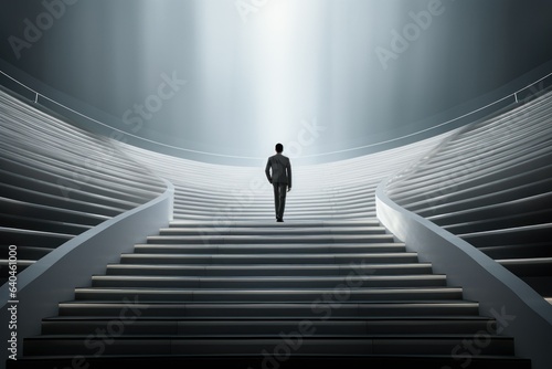 Infinite Climb: Businessman Journeying Through Abstract Stairscape 
