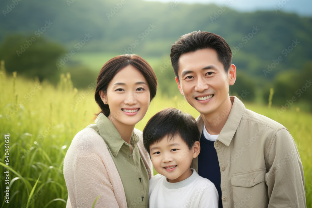 family with happy expression outdoors in a garden . family with happy expression outdoors in a garden .