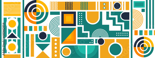 Abstract Geometric Pattern Artwork. Retro White, green and yellow background. Grid with colored geometric shapes. Modern abstract promotional flyer, background, brochure, pattern.