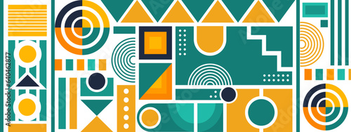 White, green and yellow geometric mosaic seamless pattern illustration with creative abstract shapes. Modern Scandinavian style background print. Trendy bright symbols and minimalist shape, texture,.