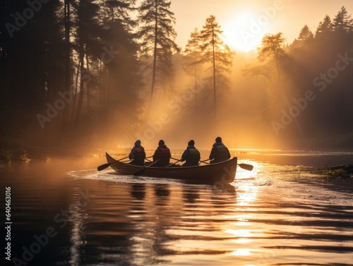 A group of people in a canoe on a lake. Generative AI.