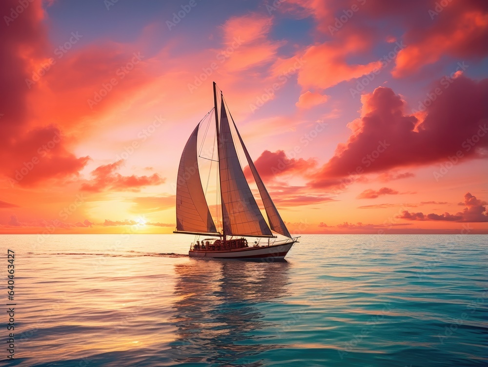 A sailboat in the middle of the ocean at sunset. Generative AI.