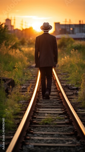 A man in a suit and hat walking on a train track. Generative AI.