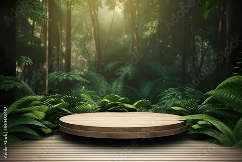 Wooden podium in tropical forest for product presentation   Generative AI