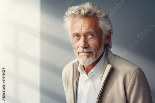 senior old man thinking with pensive expression in a modern place