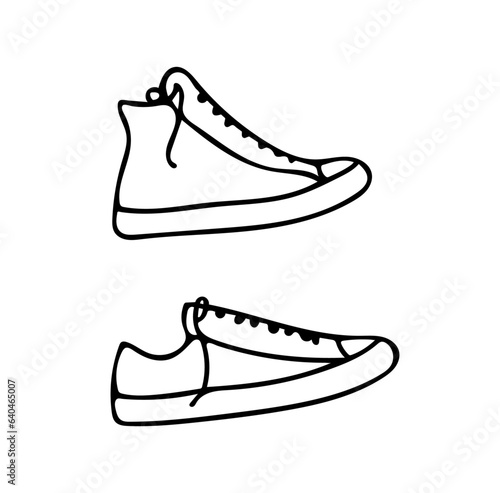 Doodle sneakers. High and low hand drawn shoes. Shoes in groovy, retro and vintage style. Pencil, pen or marker outlined sketch logo (Full Vector)