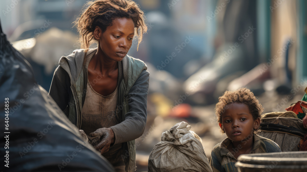 A homeless woman collects garbage with her daughter through the streets of the city.