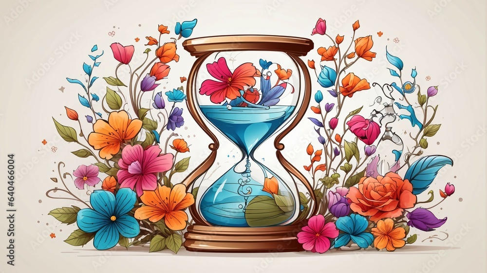 Fototapeta premium illustration of hourglass and flowers. Generative AI