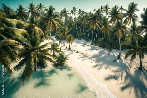a secluded beach framed by towering palm trees and soft white sand