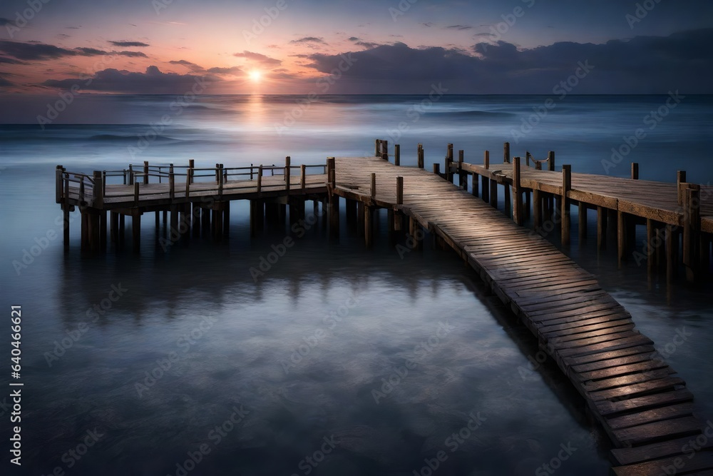 twilight scene of a coastal pier extending into the shimmering water