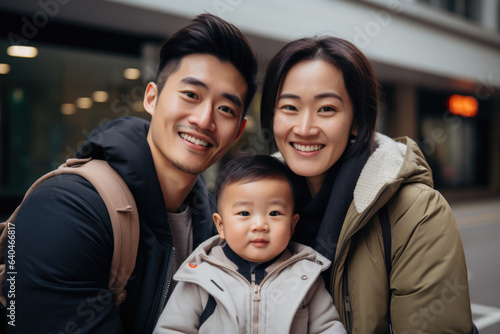 family with happy expression outdoors in a city. 