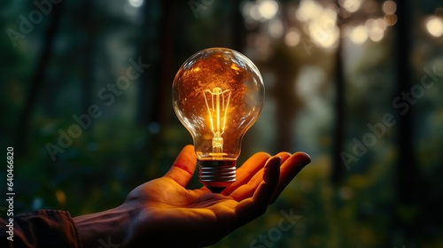Hand touching on light bulb on wood block with word ideas new idea concept with innovation