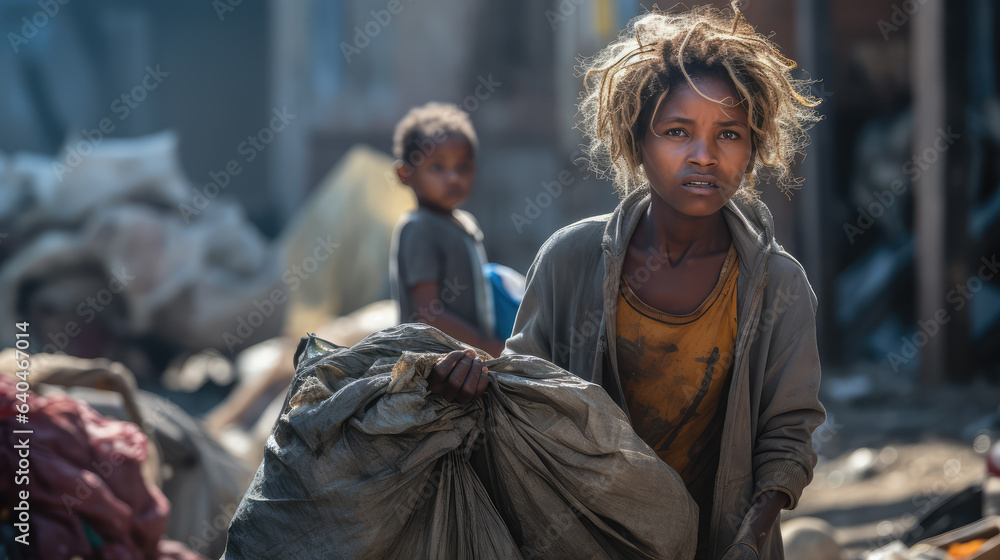 Black homeless woman garbage collector walking down the city street looking at the camera. Black homeless woman garbage collector walking down the city street looking at the camera.