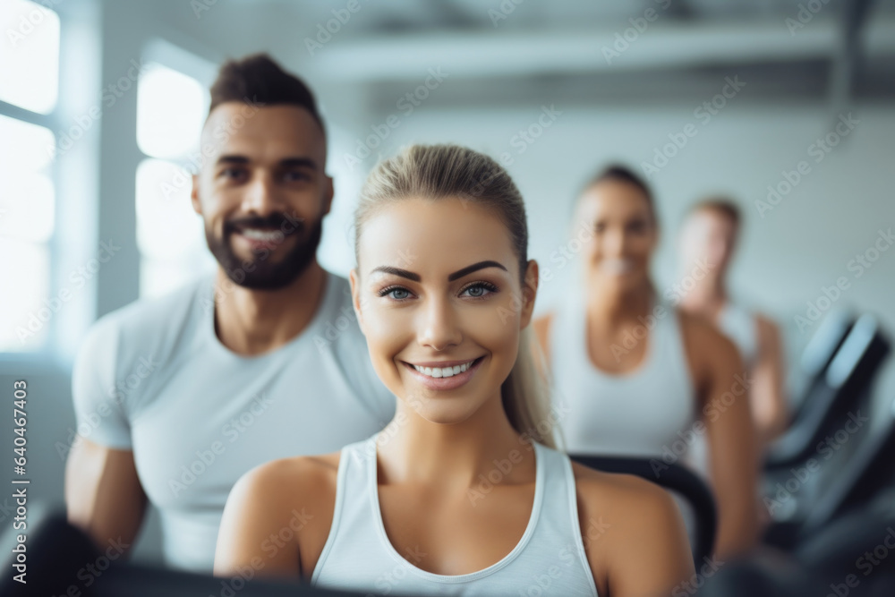 group of people happy expression in a gym. fitness teacher 