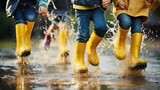 Several children wearing rain yellow boots, jumping and splashing in puddles as rain falls around them.
