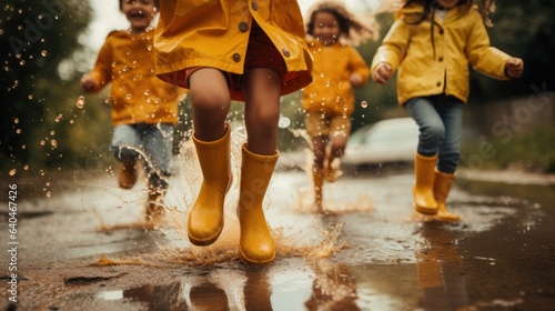 Several children wearing rain yellow boots, jumping and splashing in puddles as rain falls around them.