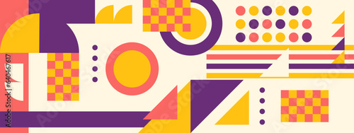 Abstract Geometric Pattern Artwork. Retro colors and color background. Grid with colored geometric shapes. Modern abstract promotional flyer, background, brochure, pattern.