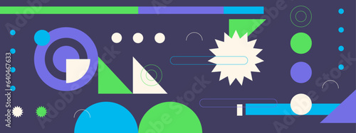 Abstract Geometric Pattern Artwork. Retro colors and color background. Grid with colored geometric shapes. Modern abstract promotional flyer, background, brochure, pattern.